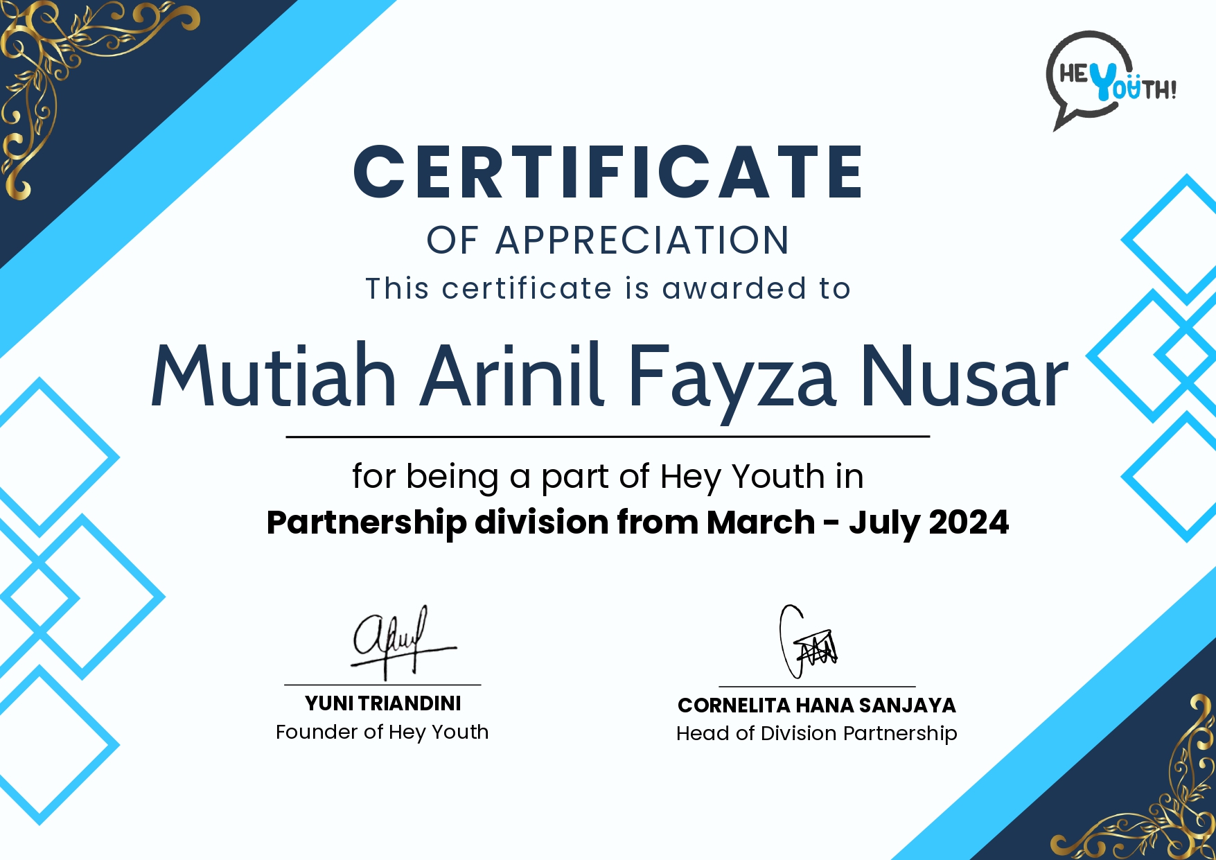 Hey Youth Certificate