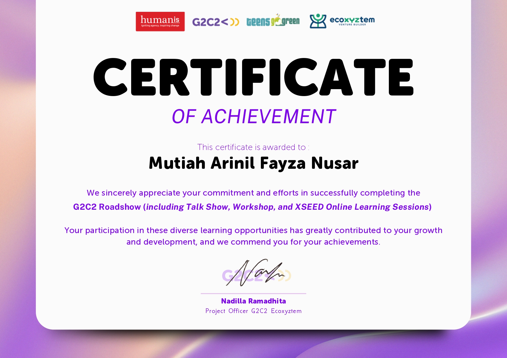 G2C2 Roadshow Certificate